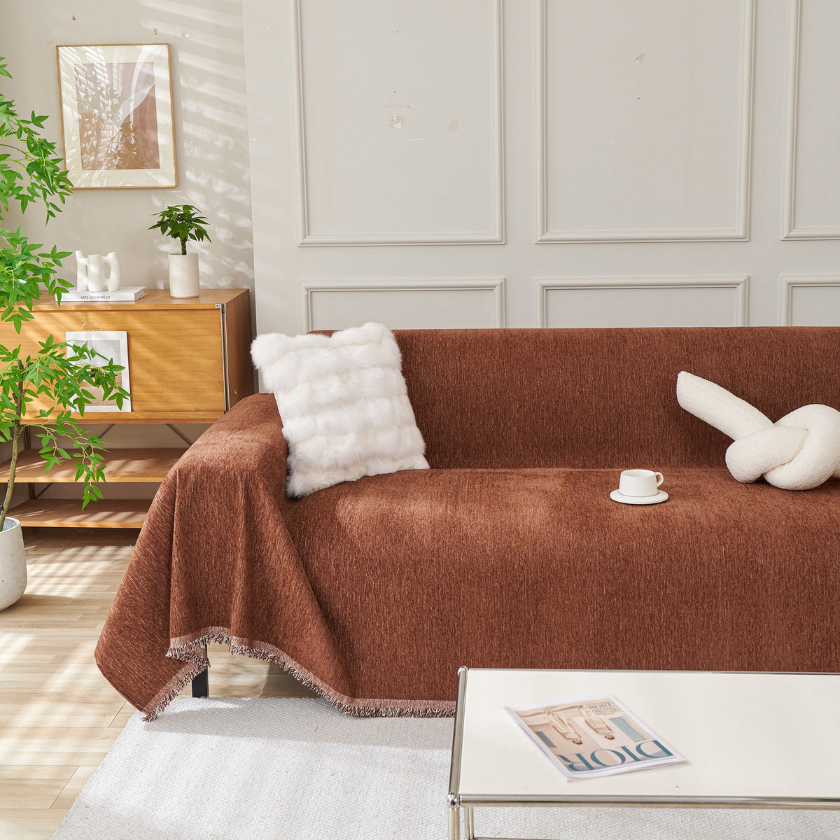 Solid Color Chenille Sofa Throw Blanket, Modern Decor Soft Couch Cover with Fringes, photo 36 of 42