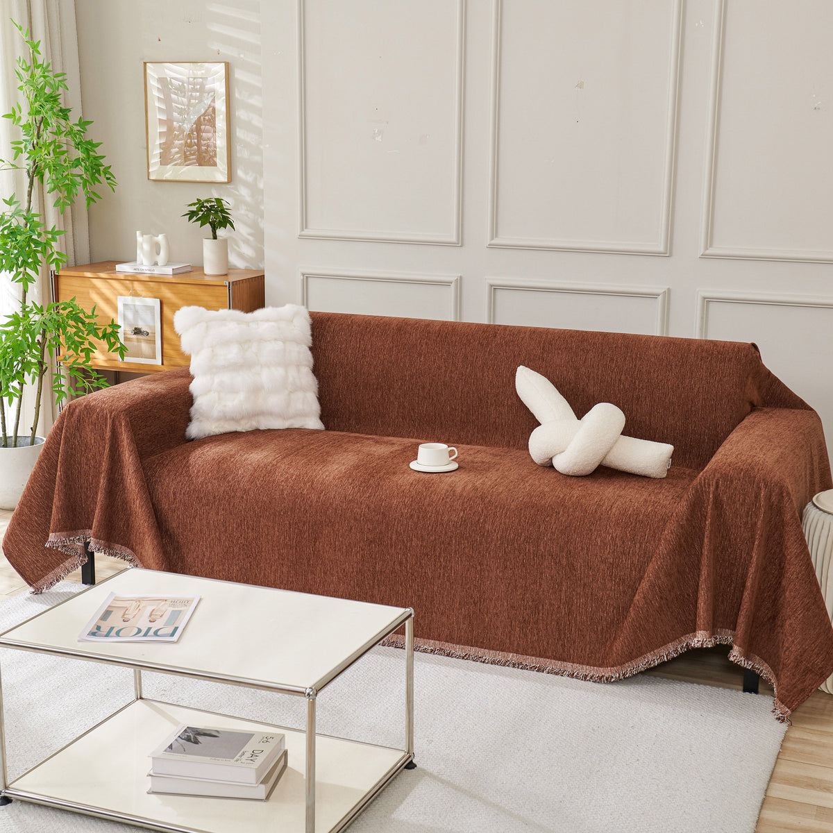 Solid Color Chenille Sofa Throw Blanket, Modern Decor Soft Couch Cover with Fringes, photo 15 of 42