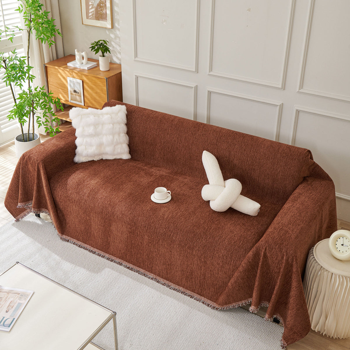Solid Color Chenille Sofa Throw Blanket, Modern Decor Soft Couch Cover with Fringes, photo 16 of 42