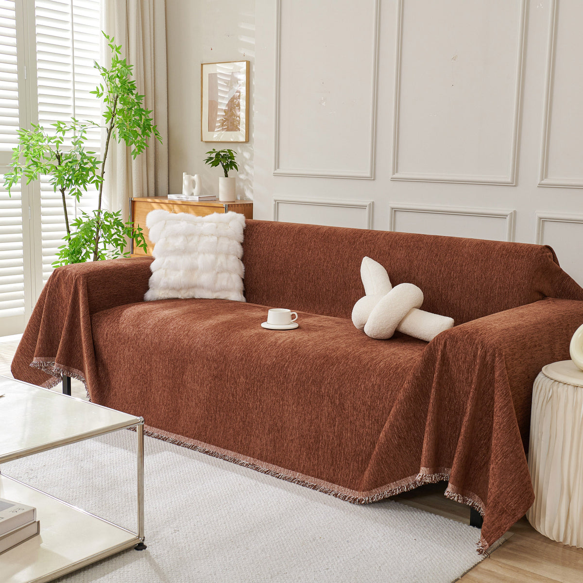 Solid Color Chenille Sofa Throw Blanket, Modern Decor Soft Couch Cover with Fringes, photo 17 of 42