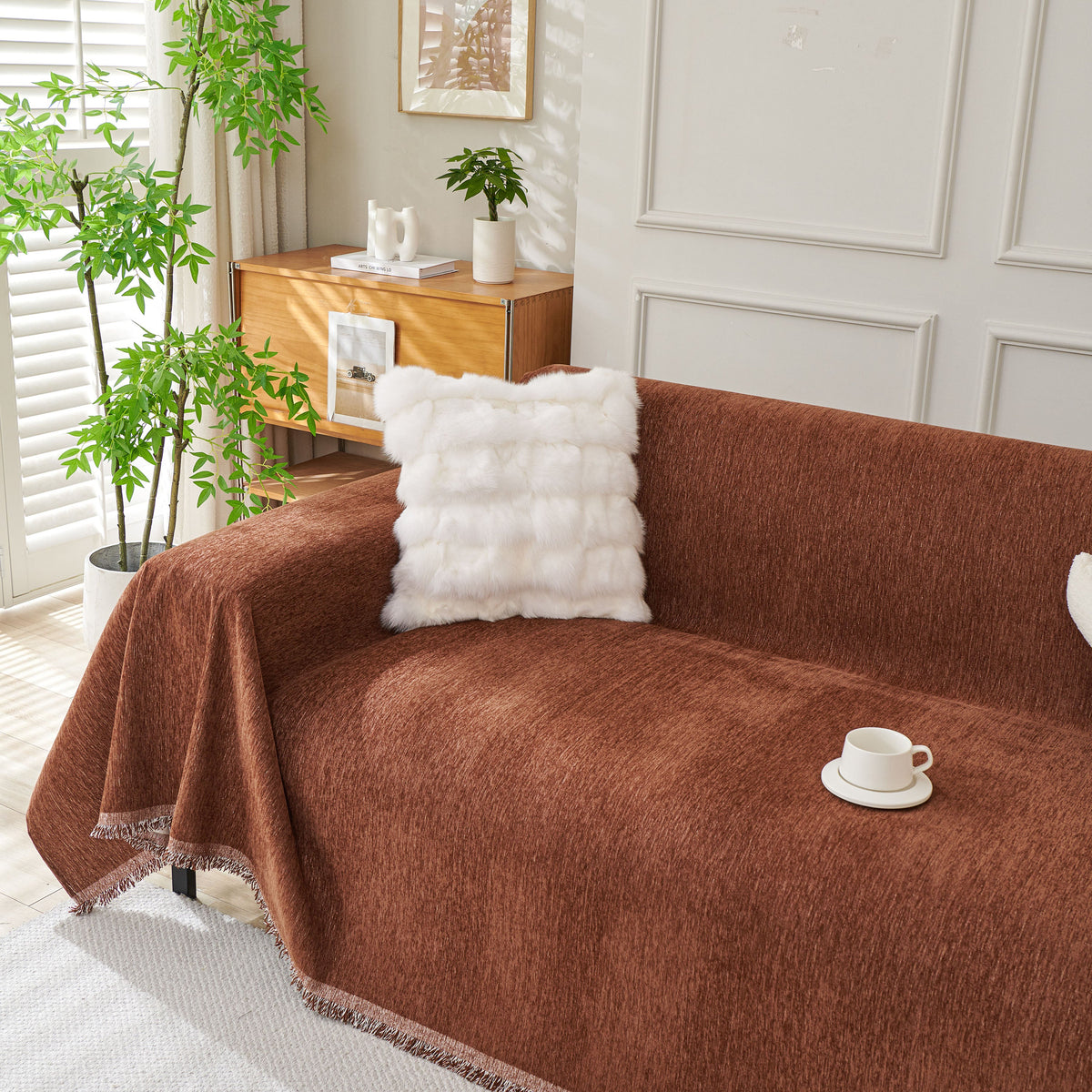 Solid Color Chenille Sofa Throw Blanket, Modern Decor Soft Couch Cover with Fringes, photo 18 of 42