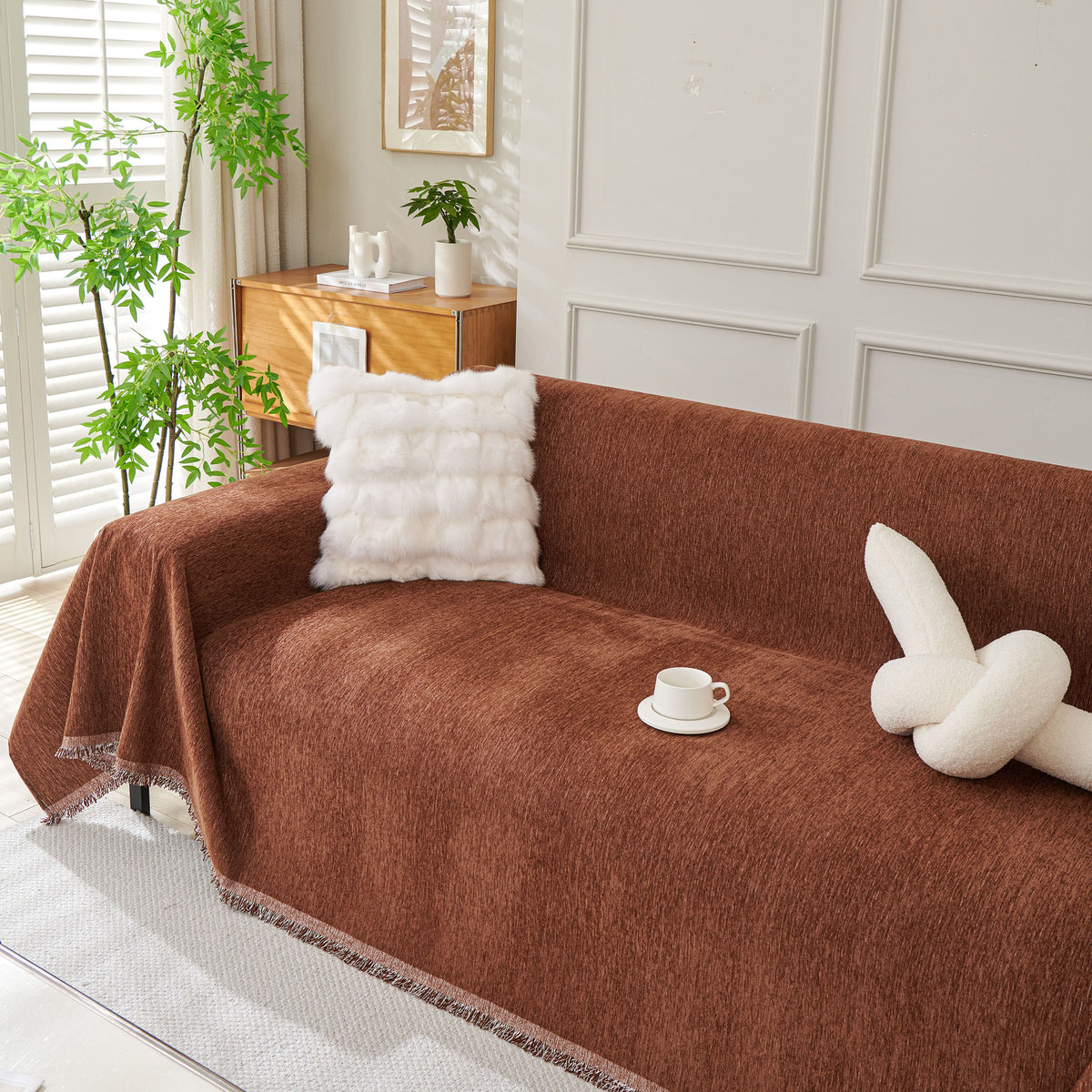 Solid Color Chenille Sofa Throw Blanket, Modern Decor Soft Couch Cover with Fringes, photo 19 of 42