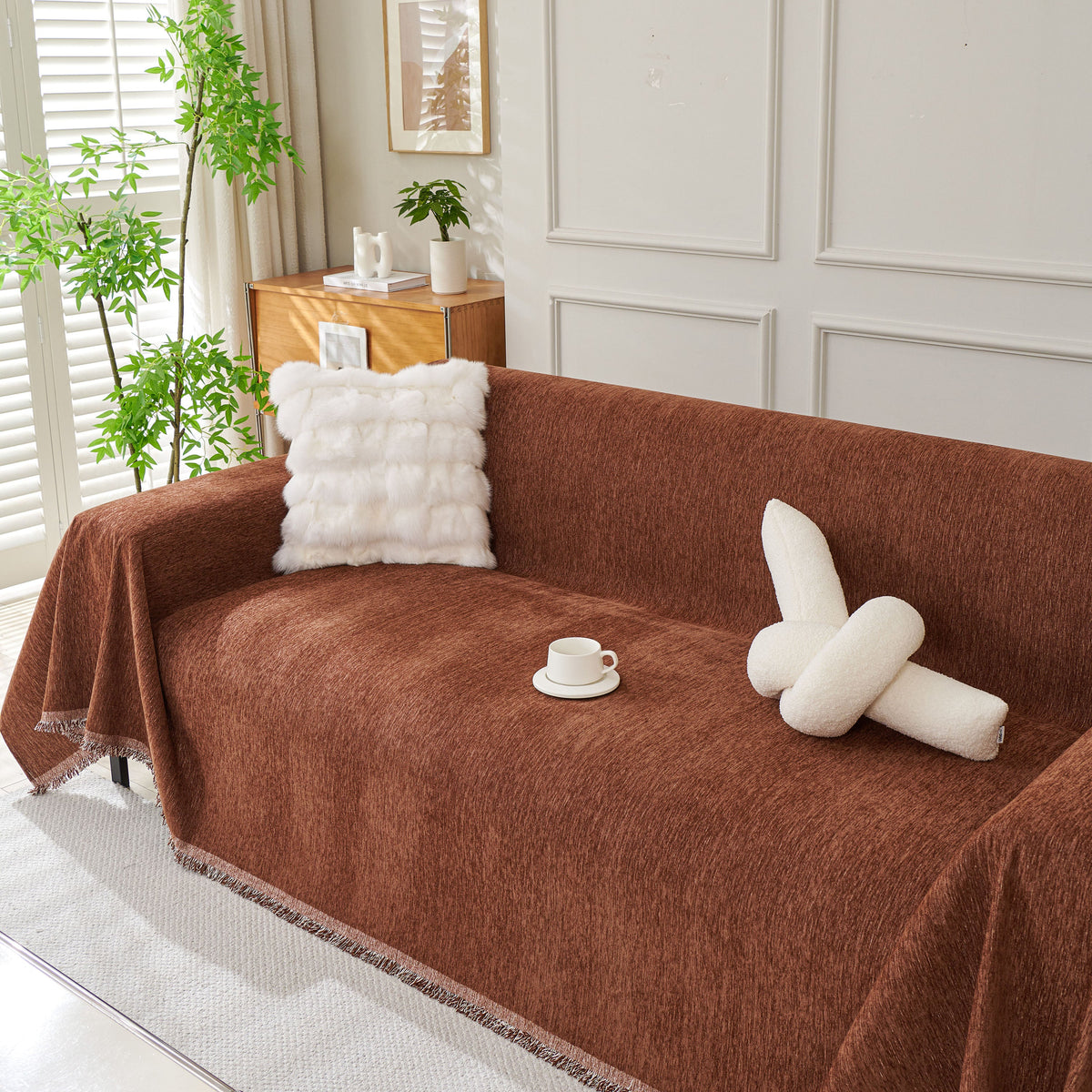 Solid Color Chenille Sofa Throw Blanket, Modern Decor Soft Couch Cover with Fringes, photo 20 of 42