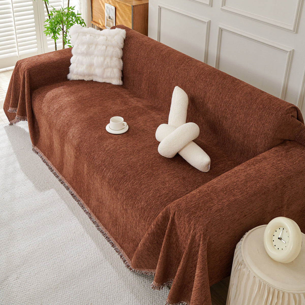 Solid Color Chenille Sofa Throw Blanket, Modern Decor Soft Couch Cover with Fringes, photo 22 of 42