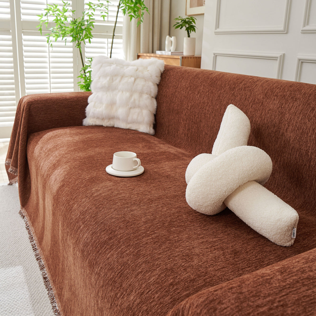 Solid Color Chenille Sofa Throw Blanket, Modern Decor Soft Couch Cover with Fringes, photo 25 of 42