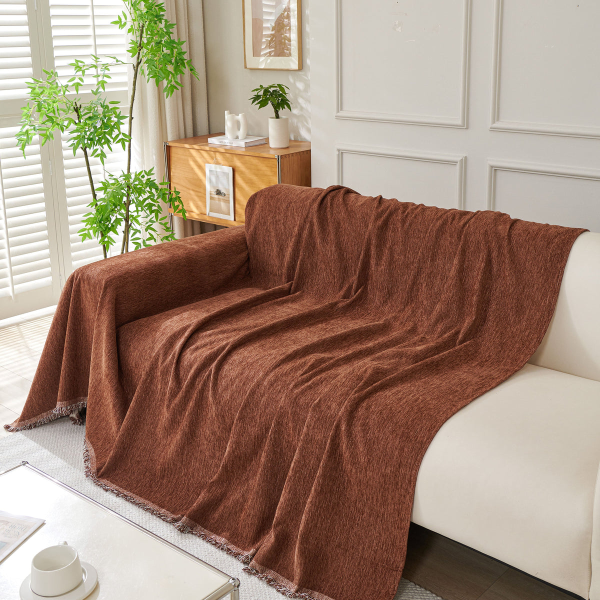 Solid Color Chenille Sofa Throw Blanket, Modern Decor Soft Couch Cover with Fringes, photo 34 of 42
