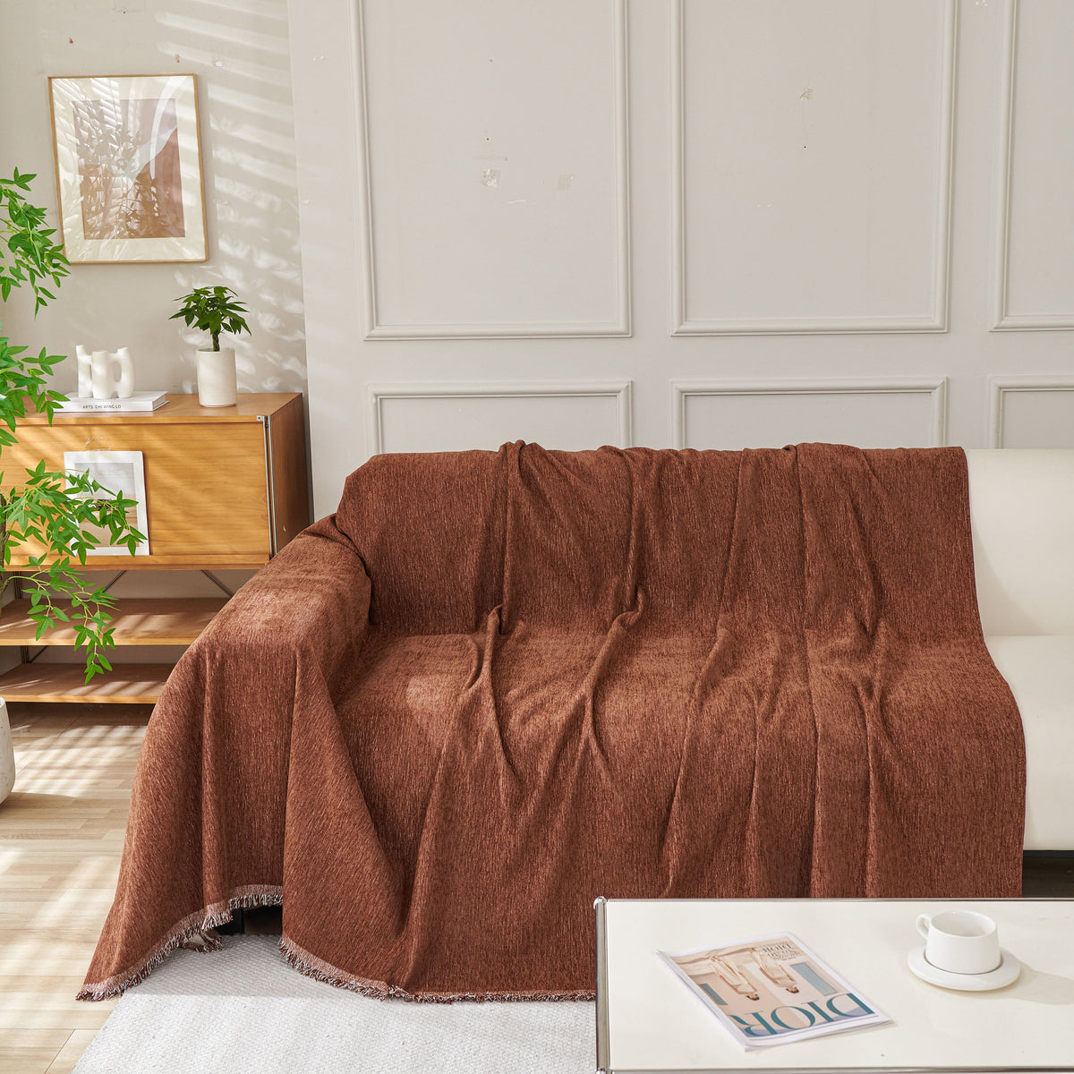 Solid Color Chenille Sofa Throw Blanket, Modern Decor Soft Couch Cover with Fringes, photo 35 of 42