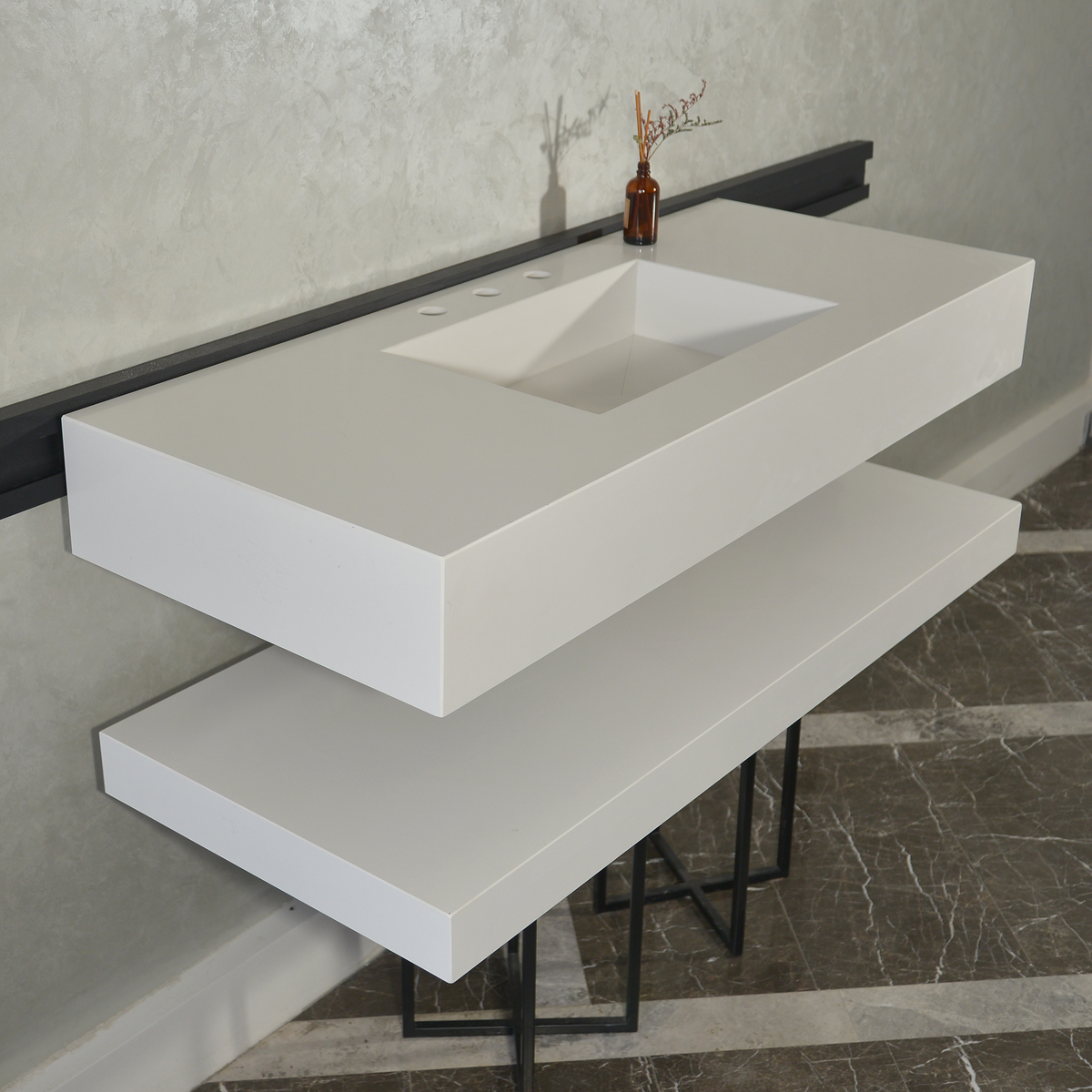 Custom Quartz Sink With Shelf, Bathroom Sink With Matching Shelf, Bathroom Vanity With Shelf, Bathroom Vanity With Single Sink, Vessel