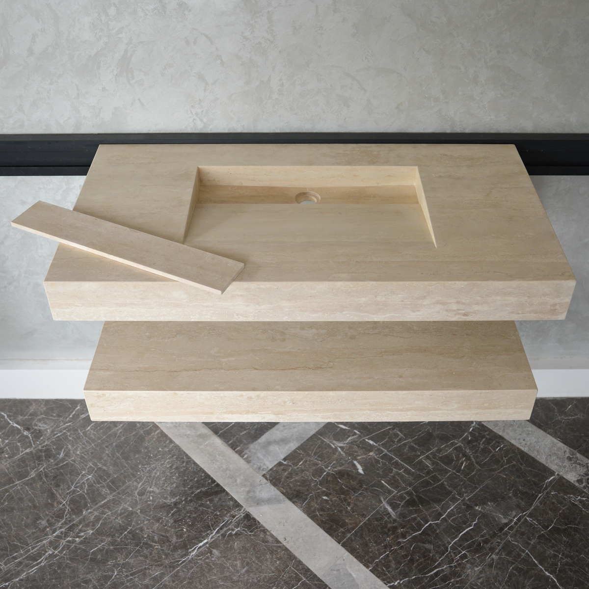 Travertine Natural Stone Handcrafted Bathroom Sink and Matching Floating Shelf Set, photo 8 of 10