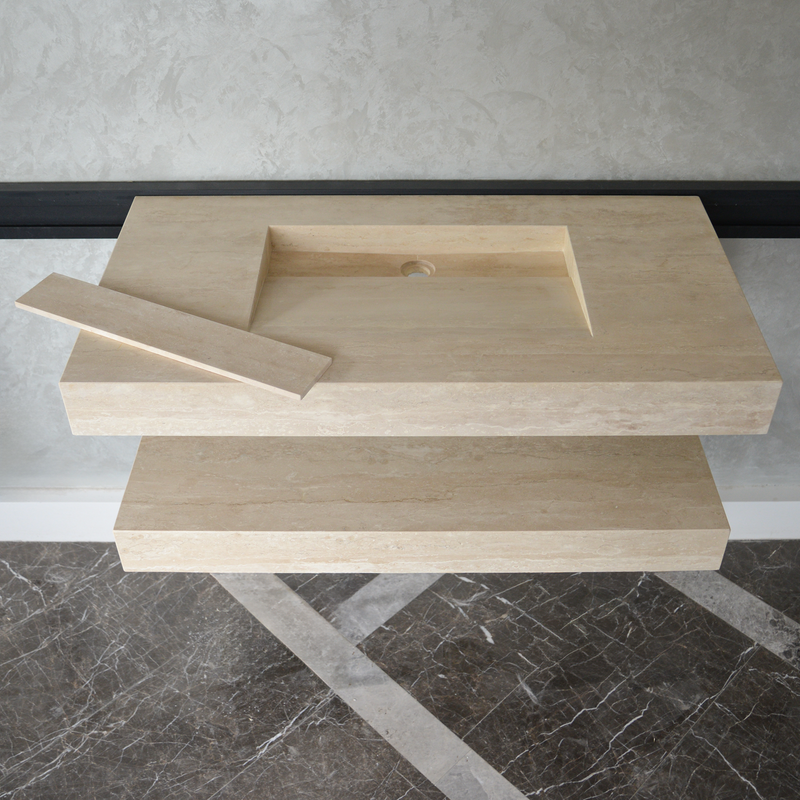 Travertine Natural Stone Handcrafted Bathroom Sink and Matching Floating Shelf Set, photo 8 of 10