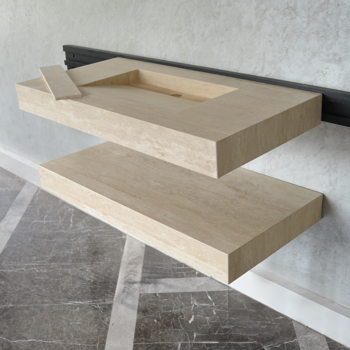Travertine Natural Stone Handcrafted Bathroom Sink and Matching Floating Shelf Set, photo 3 of 10