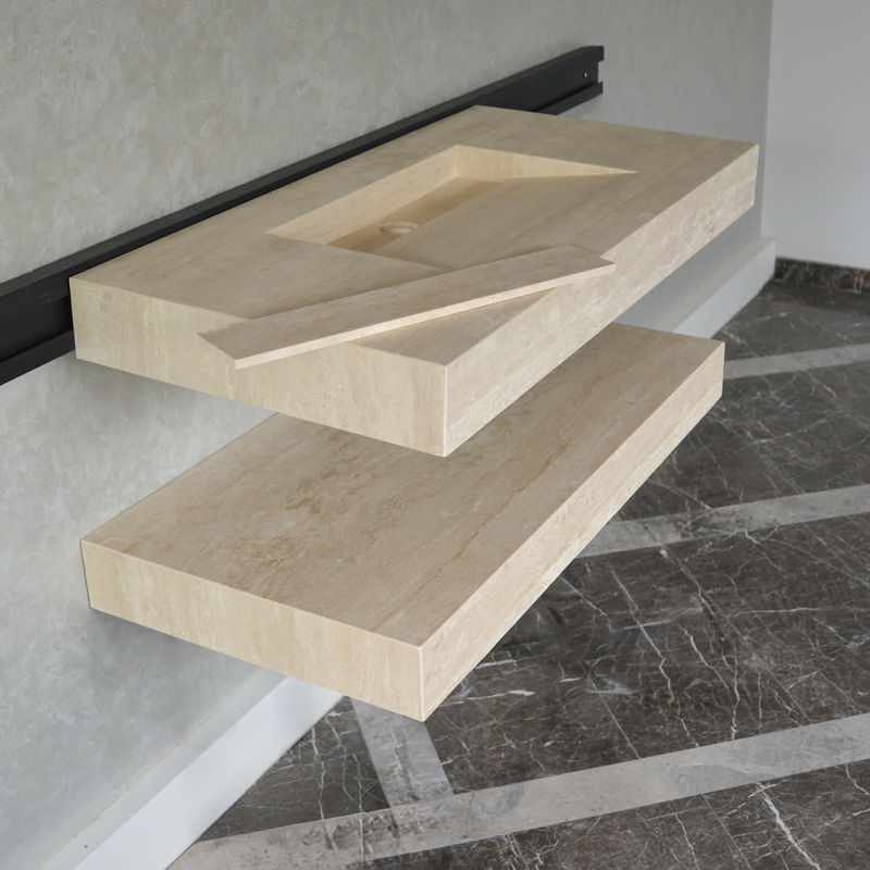 Travertine Natural Stone Handcrafted Bathroom Sink and Matching Floating Shelf Set, photo 2 of 10