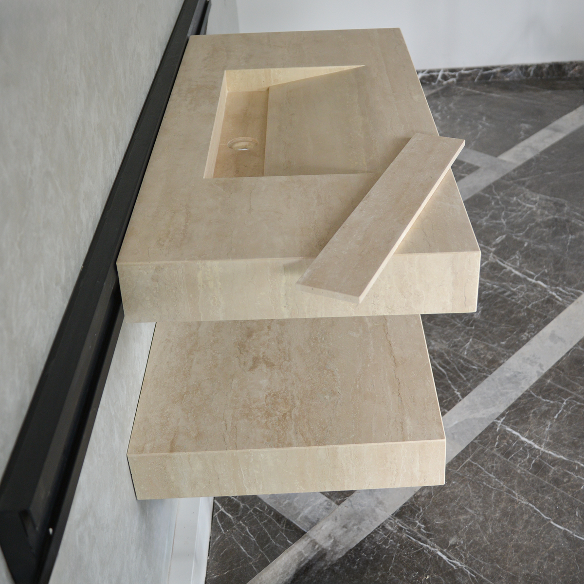 Travertine Natural Stone Handcrafted Bathroom Sink and Matching Floating Shelf Set, photo 9 of 10