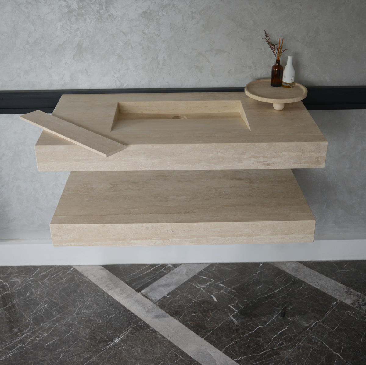 Travertine Natural Stone Handcrafted Bathroom Sink and Matching Floating Shelf Set, photo 4 of 10