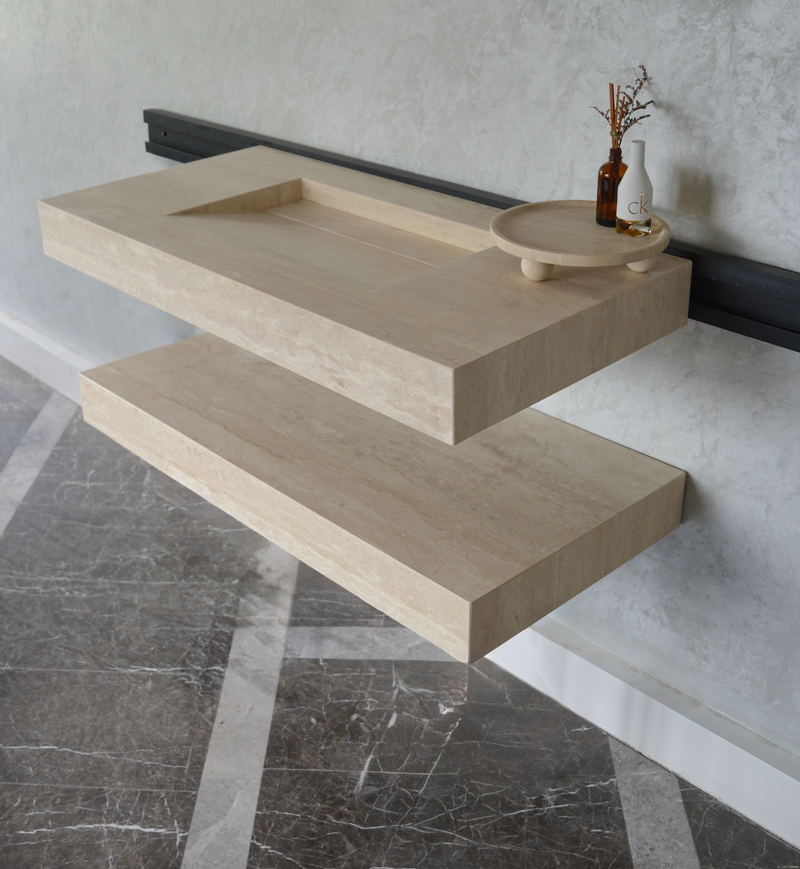 Travertine Natural Stone Handcrafted Bathroom Sink and Matching Floating Shelf Set, photo 5 of 10