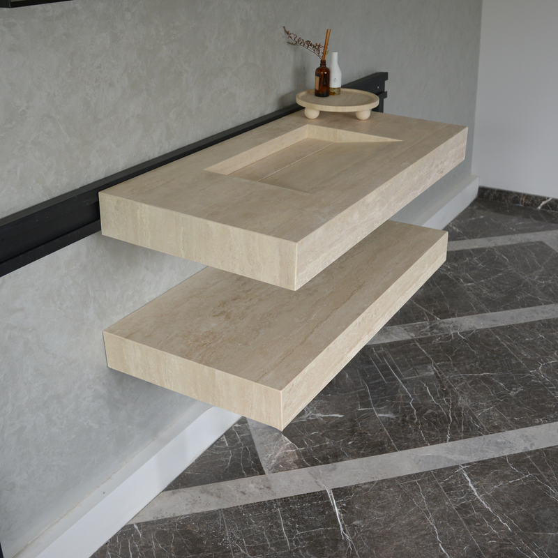 Travertine Natural Stone Handcrafted Bathroom Sink and Matching Floating Shelf Set, photo 6 of 10