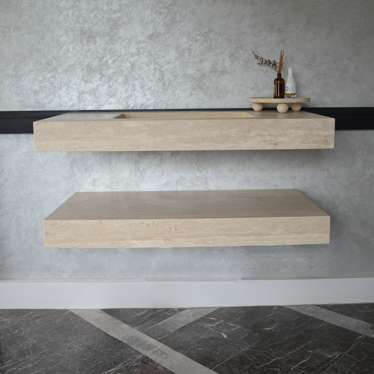 Travertine Natural Stone Handcrafted Bathroom Sink and Matching Floating Shelf Set, photo 7 of 10