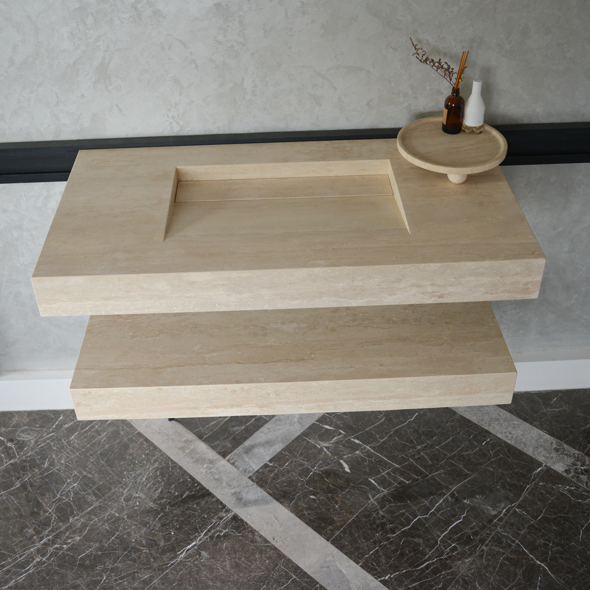 Travertine Natural Stone Handcrafted Bathroom Sink and Matching Floating Shelf Set, photo 10 of 10