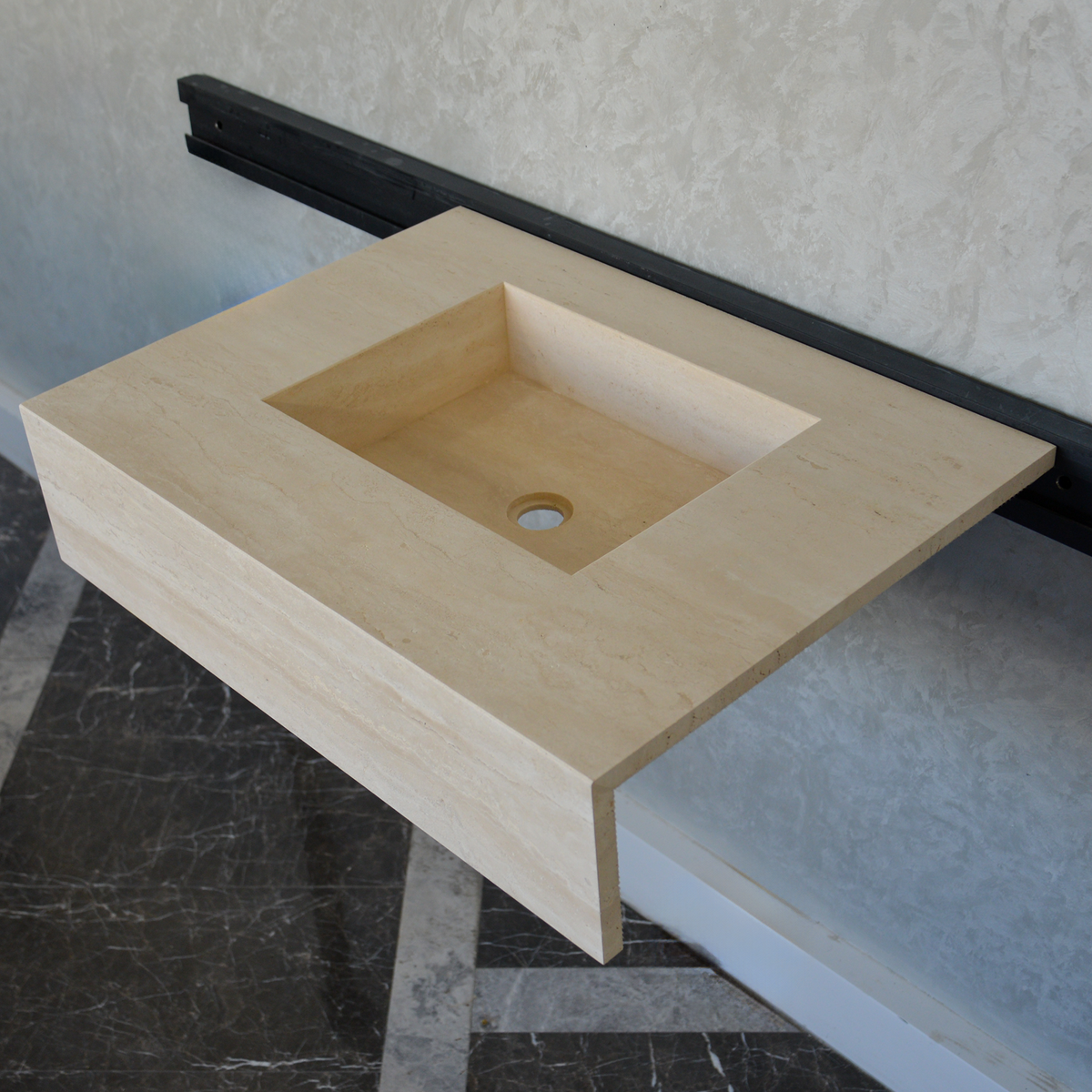 Travertine Bathroom Sink Handcrafted Warm Beige Vein Pattern, photo 2 of 9