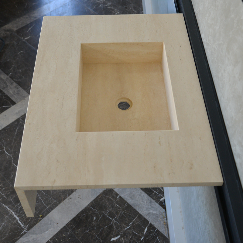 Travertine Bathroom Sink Handcrafted Warm Beige Vein Pattern, photo 3 of 9
