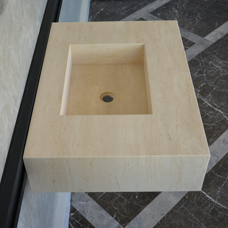 Travertine Bathroom Sink Handcrafted Warm Beige Vein Pattern, photo 4 of 9