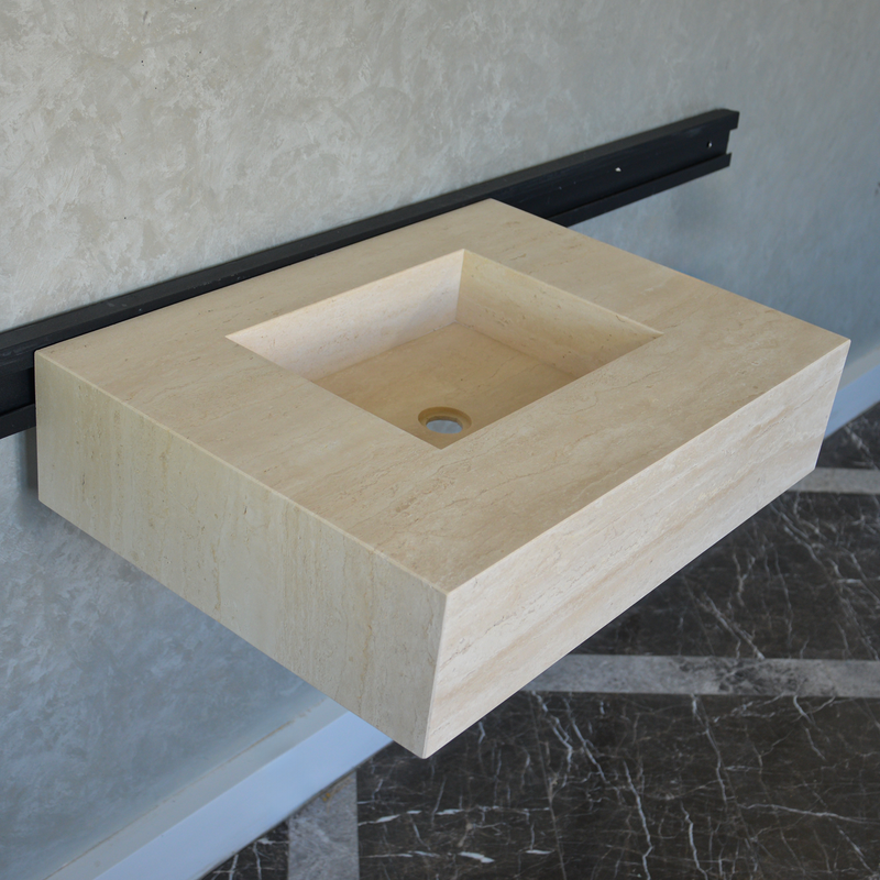 Travertine Bathroom Sink Handcrafted Warm Beige Vein Pattern, photo 5 of 9