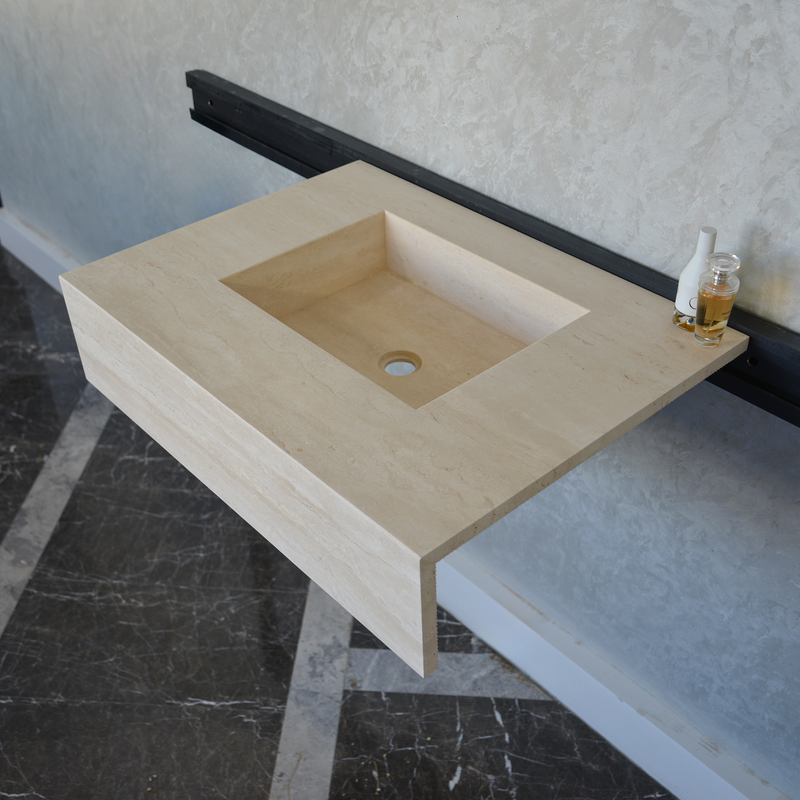 Travertine Bathroom Sink Handcrafted Warm Beige Vein Pattern, photo 7 of 9