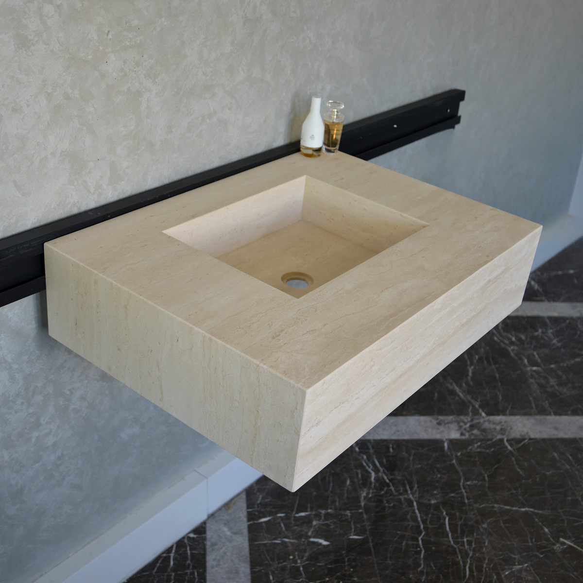 Travertine Bathroom Sink Handcrafted Warm Beige Vein Pattern, photo 9 of 9