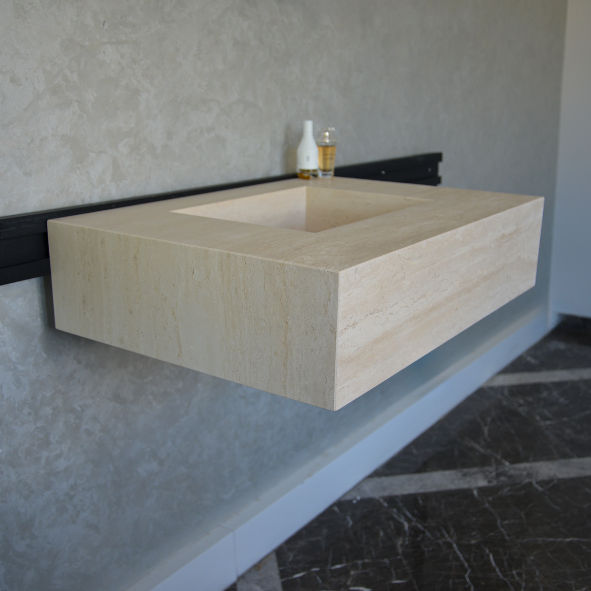 Travertine Bathroom Sink Handcrafted Warm Beige Vein Pattern, photo 8 of 9