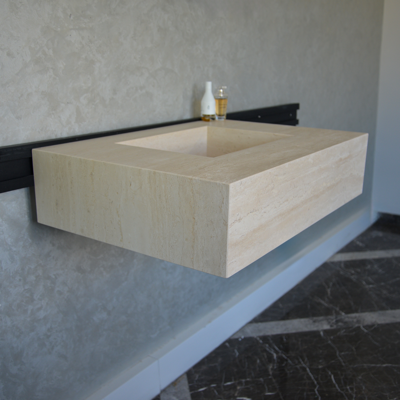 Travertine Bathroom Sink Handcrafted Warm Beige Vein Pattern, photo 8 of 9