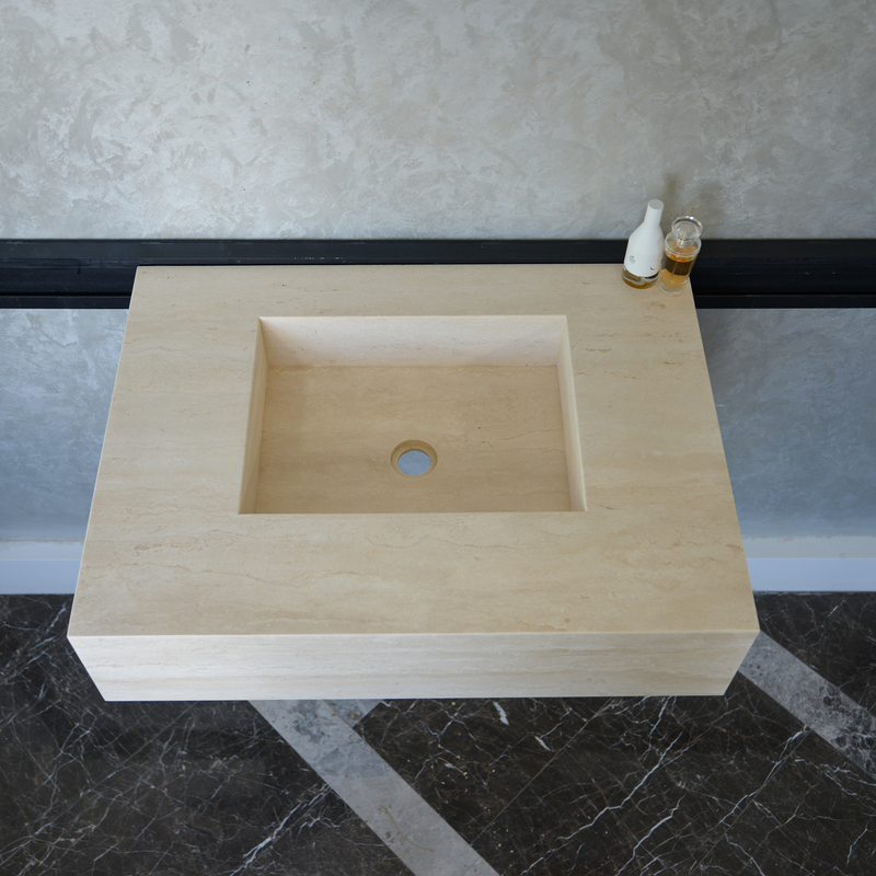 Travertine Bathroom Sink Handcrafted Warm Beige Vein Pattern, photo 6 of 9