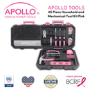 Essential 65-Piece Pink Tool Set with Socket Set and Most-Used Tools for Do it Yourself Repairs and Maintenance - DT0001P by Apollo Tools