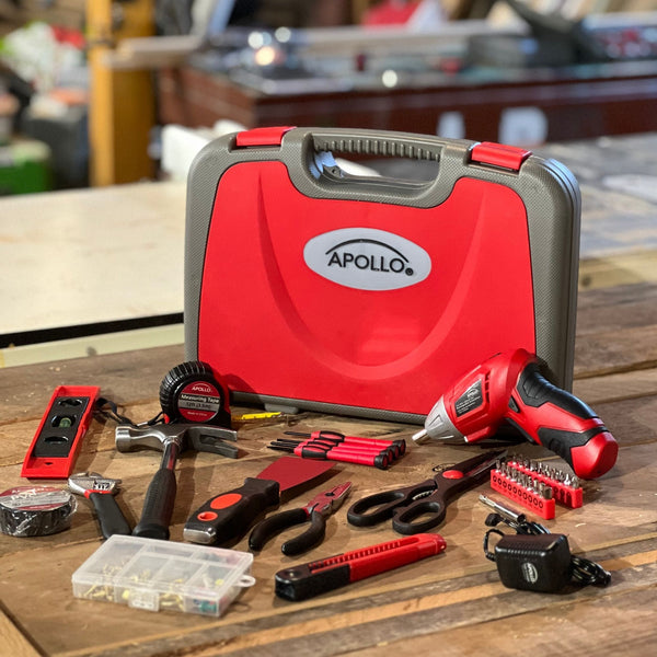 135 Piece Household Tool Set with Pivoting Dual-Angle 3.6 Volt Lithium-Ion Cordless Screwdriver - DT0773, installed in a room
