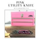 Ergonomic Stainless Steel, Lightweight, Foldable Pink Utility Knife with Carabiner Clip and Fast-Change Blade - DT5017P
