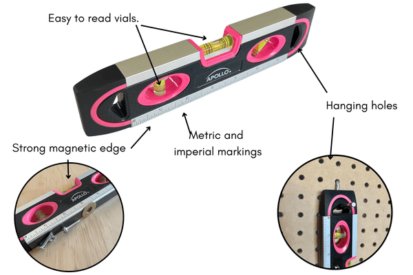 PINK 9-inch torpedo-shaped spirit level for 180/90/45 degrees leveling--  DT5019P, photo 2 of 8