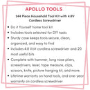 144 Piece Household Tool Kit with 4.8V Cordless Screwdriver - DT8422