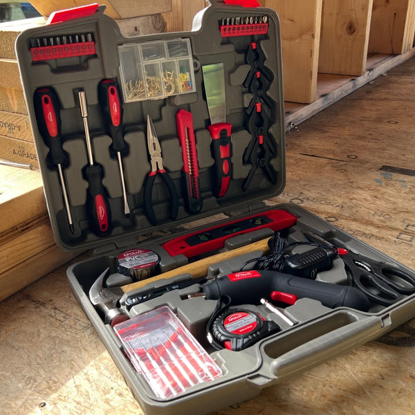 144 Piece Household Tool Kit with 4.8V Cordless Screwdriver - DT8422, installed in a room