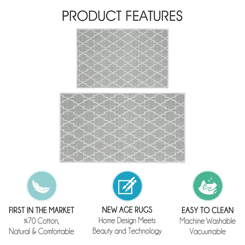 Geometric Design Non Skid Washable Kitchen Runner Rugs Set of 2| 44 x 24 and 31.5 x 20 Inches Floor Mats |Gray