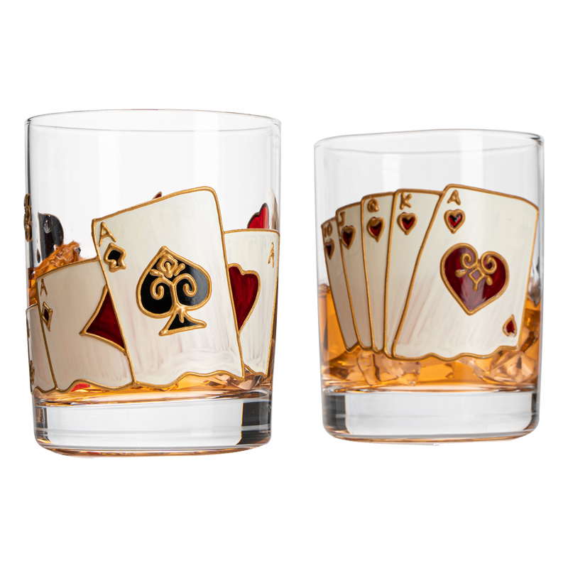 Playing Cards Drinking Glasses - Artisanal Hand Painted Players Casino Set of 2 Water, Wine & Whiskey Glasses - The Wine Savant - Crystal Glassware - Gift Idea for Him, Birthday, Housewarming - 12oz