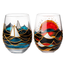 Artisanal Hand Painted Sunrise Glasses, Stemless Set of 2 Wine, Water & Whiskey Glasses - The Wine Savant - Crystal Tumblers - Gift Idea for Her, Him, Birthday, Housewarming - Large Goblets (18.5 OZ)
