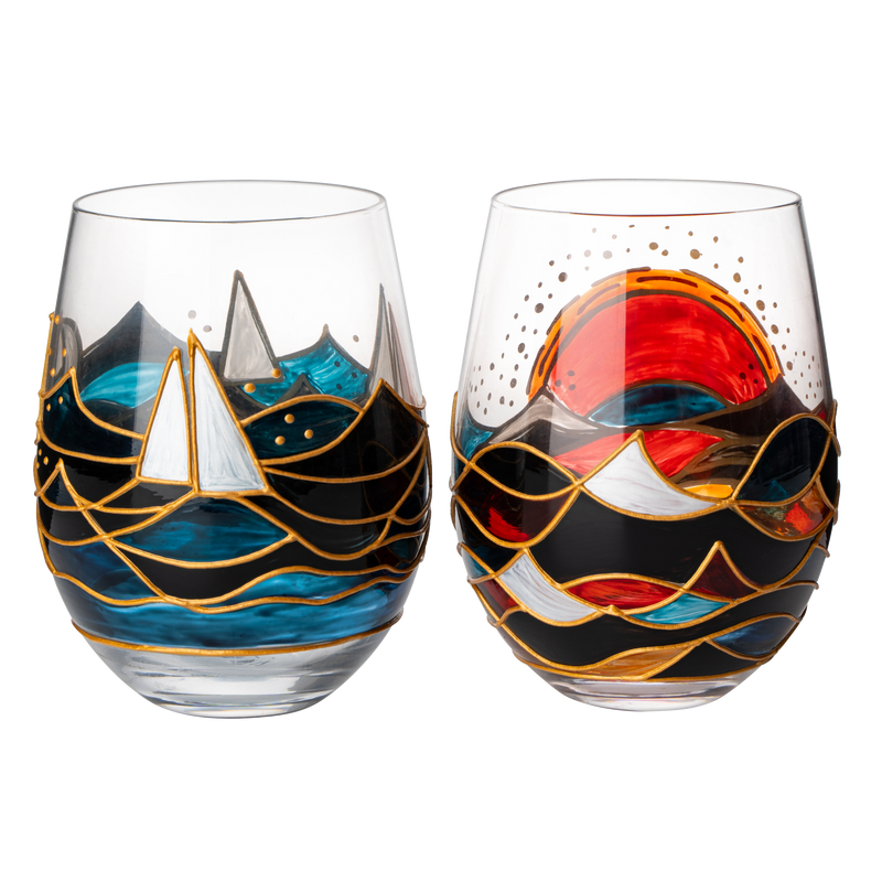 Artisanal Hand Painted Sunrise Glasses, Stemless Set of 2 Wine, Water & Whiskey Glasses - The Wine Savant - Crystal Tumblers - Gift Idea for Her, Him, Birthday, Housewarming - Large Goblets (18.5 OZ)