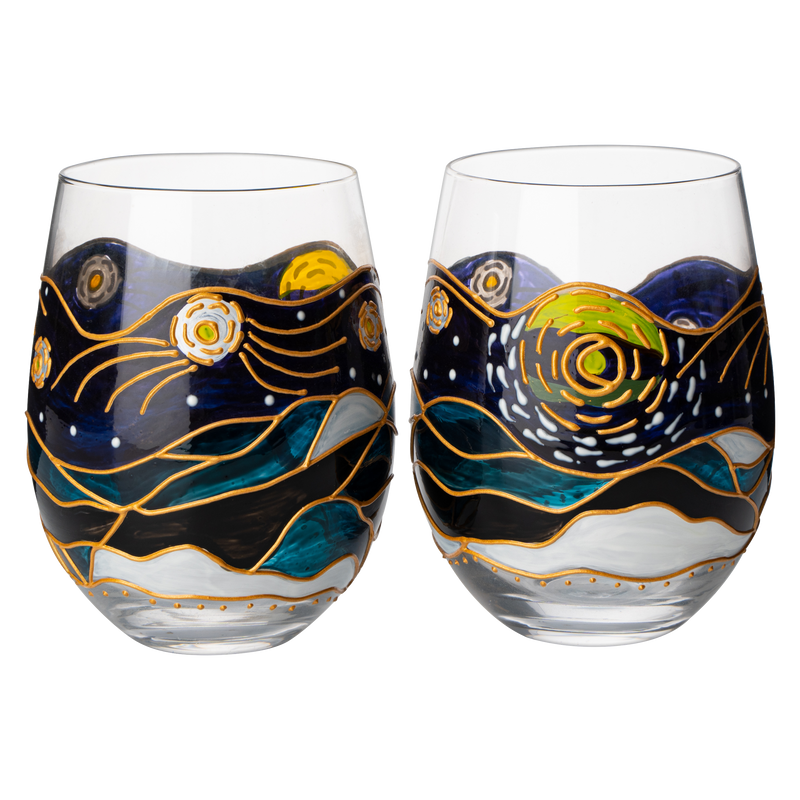 Vincent Van Gogh Wine Glasses Artisanal Hand Painted Stemless Set of 2 - The Wine Savant - 2 Set of Tumblers - Artistic Gift Idea for Her, Him, Birthday, Housewarming - Extra Large Goblets (18.5 OZ)