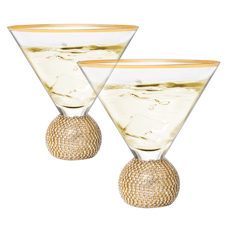 Diamond Studded Martini Glasses Set of 2 - The Wine Savant - Gold Rimmed Modern Cocktail Glass, Rhinestone Diamonds With Stemless Crystal Ball Base, Bar or Party 10.5oz, Swarovski Style Crystals