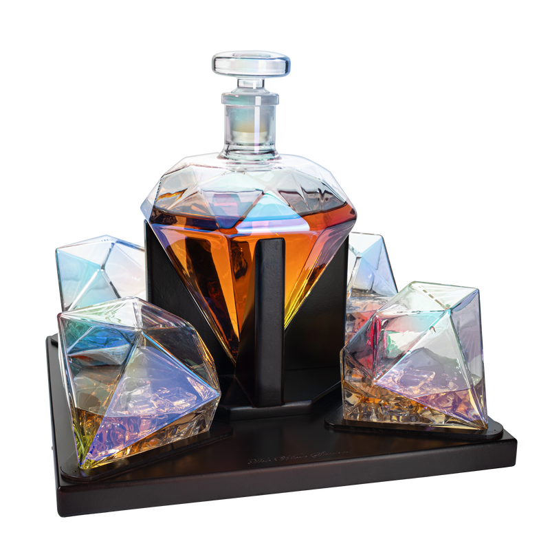 The Wine Savant Diamond Whiskey and Wine Decanter, Great Gift! 750ml With 4 Diamond Glasses and Beautiful Mahogany Wooden Holder Liquor, Scotch, Rum, Bourbon, Vodka, Tequila Decanter