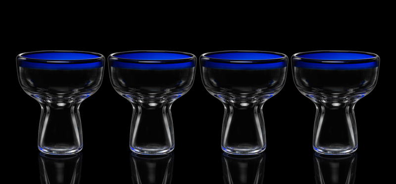 Mexican Hand Blown Blue Rim Margarita Glasses - Set of 4 - Stemless Glass Luxury Hand Blown Mexico Margarita, Martini & Champagne Glasses Cinco de Mayo Glass, Large Party Cobalt Mexico Blue Rim Design