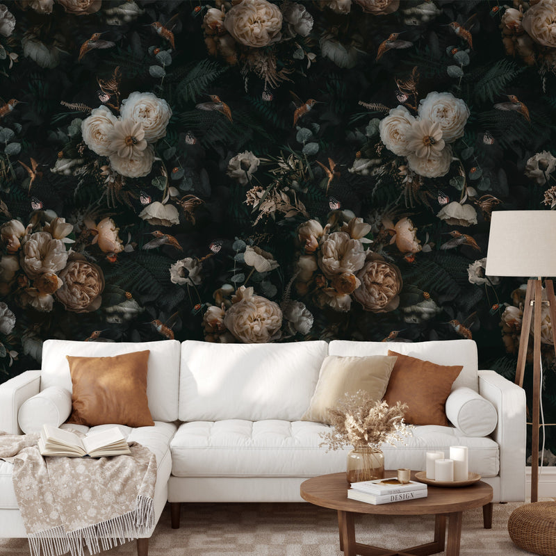 Dark Background Cream Floral Wallpaper