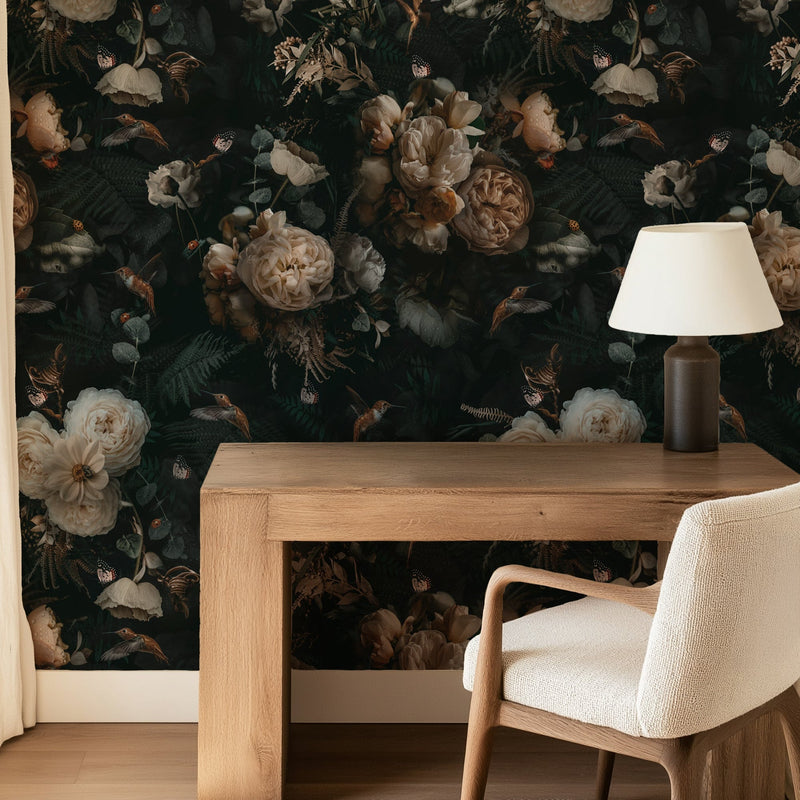 Dark Background Cream Floral Wallpaper