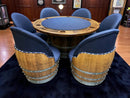 Whiskey & Wine Barrel Game Table Set — Poker and Dining Tops, 6 Chairs, Dark Navy Upholstery
