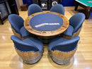 Whiskey & Wine Barrel Game Table Set — Poker and Dining Tops, 6 Chairs, Dark Navy Upholstery