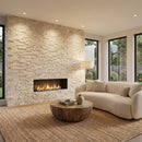 Modern living room with stone fireplace, beige sofa, and wooden coffee table. Diana Royal Ledger 3D Panel – 6" x 24" Honed Natural Marble Wall Tile